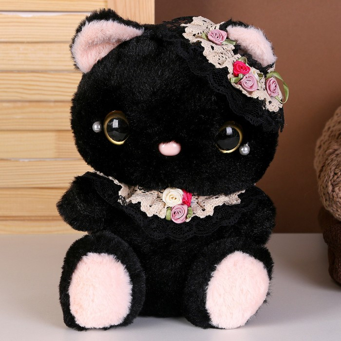 Мягкая игрушка «Котик» с бусинами, 22 см, цвет чёрный - фото 1 - id-p214818278