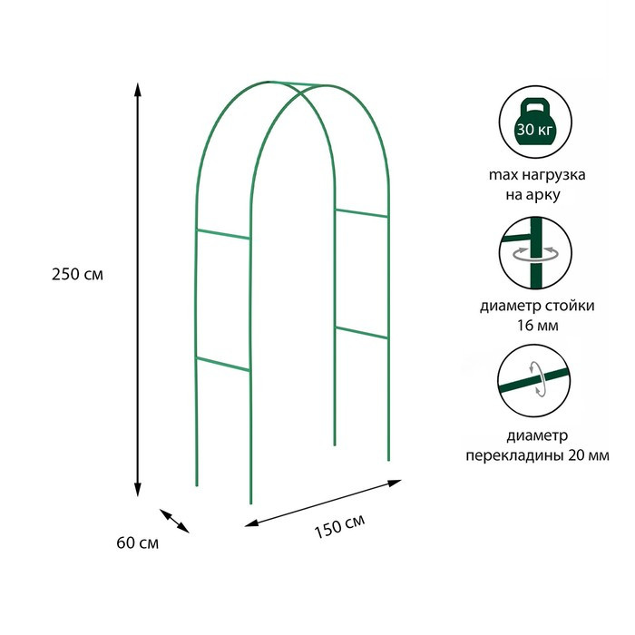 Арка садовая, стальные трубы d = 15 мм, 250 × 150 × 60 см, цвет зелёный - фото 1 - id-p214818837