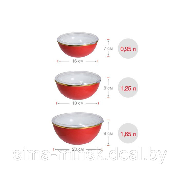Набор мисок Oursson, цвет красный, 16х7 см, 0.95 л; 18х8 см, 1.25 л; 20х9 см, 1.65 л - фото 3 - id-p214822076