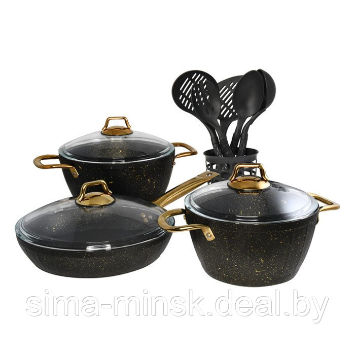 Набор посуды из 3 предметов: 2 кастрюли, сковорода, цвет чёрный, 2.8/4.3 л/26 см - фото 1 - id-p214822085