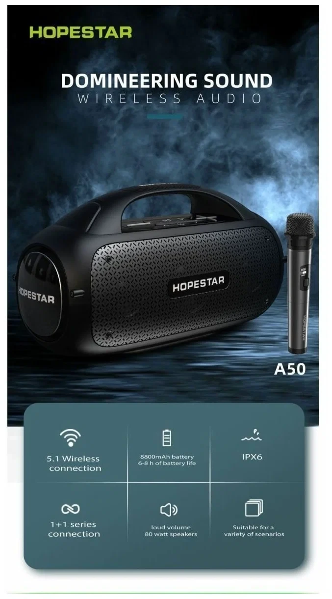 Портативная Bluetooth Колонка Hopestar A50 с Беспроводным Микрофоном, 80Вт - фото 8 - id-p214828121
