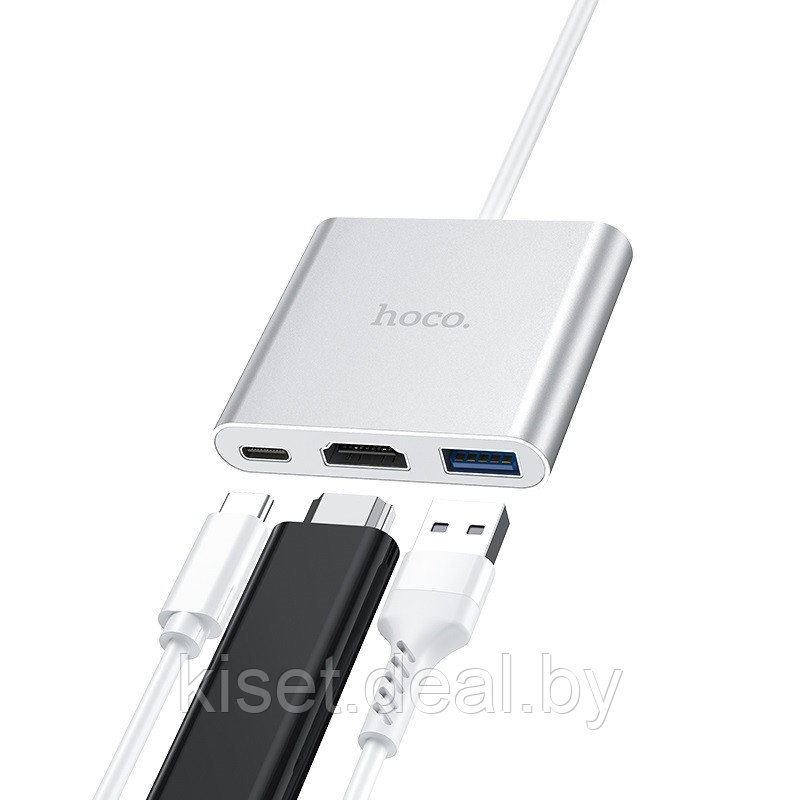 USB-хаб HOCO HB14 Type-C - USB-A / HDMI / Type-C серебристый - фото 2 - id-p214903763