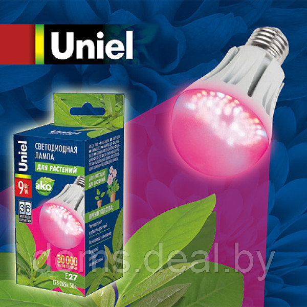 Фитолампа светодиодная для растений Uniel LED-A60-9W Uniel CL-01 - фото 1 - id-p214922538