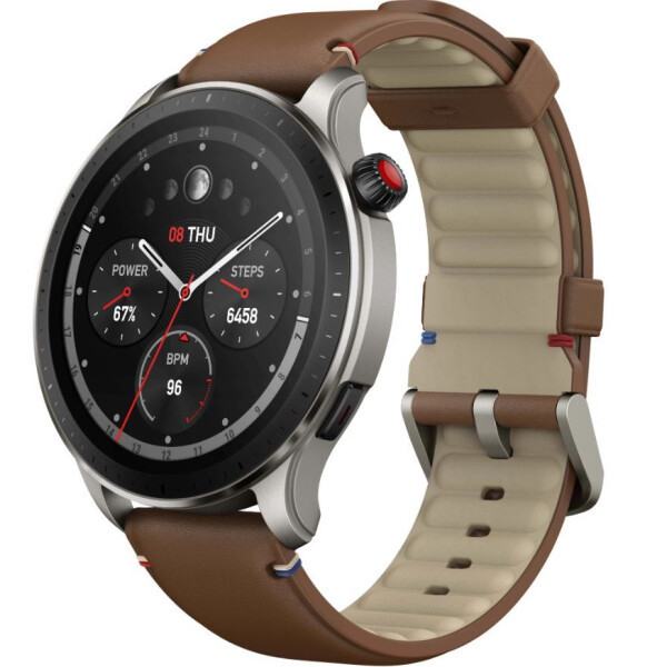 Умные часы Amazfit GTR 4 (серебристый, с коричневым кожаным ремешком) - фото 1 - id-p214923077