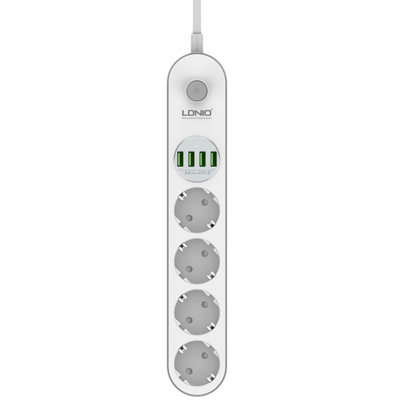Сетевой фильтр удлинитель LDNIO SE4432, 2м, 4 розетки, 4 USB