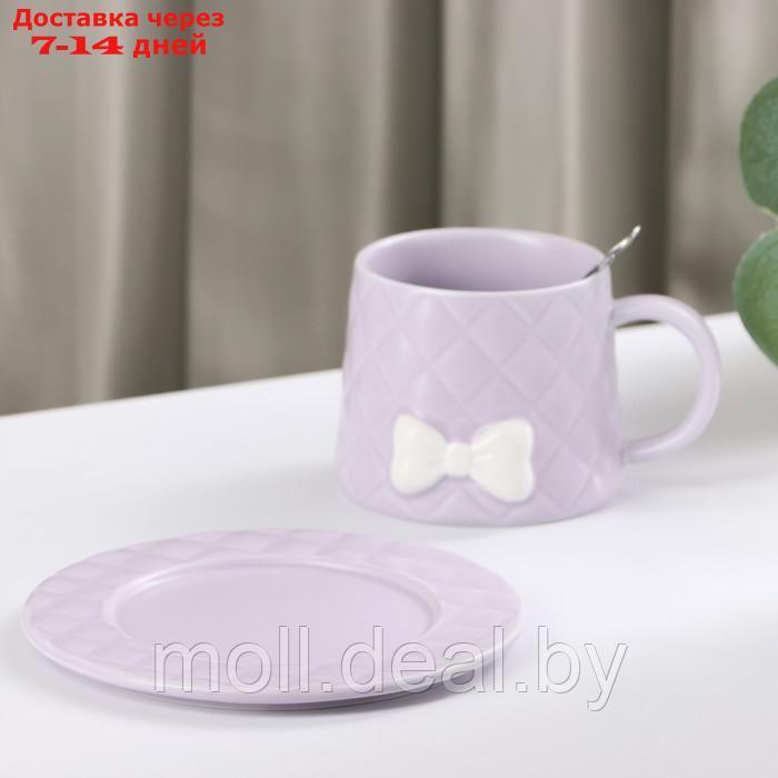 Чайная пара керамическая с ложкой "Бантик", 2 предмета: кружка 350 мл, блюдце d=15 см, цвет сиреневый - фото 3 - id-p214897708