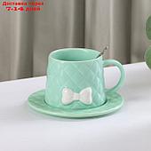 Чайная пара керамическая с ложкой "Бантик", 2 предмета: кружка 350 мл, блюдце d=15 см, цвет зелёный