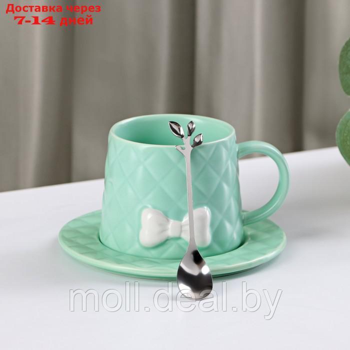 Чайная пара керамическая с ложкой "Бантик", 2 предмета: кружка 350 мл, блюдце d=15 см, цвет зелёный - фото 2 - id-p214897714
