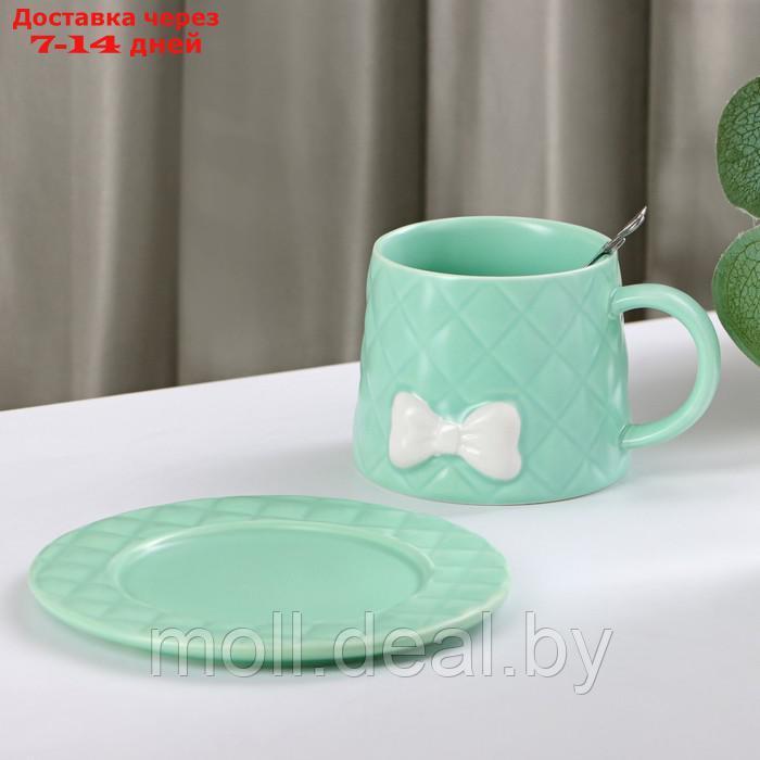 Чайная пара керамическая с ложкой "Бантик", 2 предмета: кружка 350 мл, блюдце d=15 см, цвет зелёный - фото 3 - id-p214897714