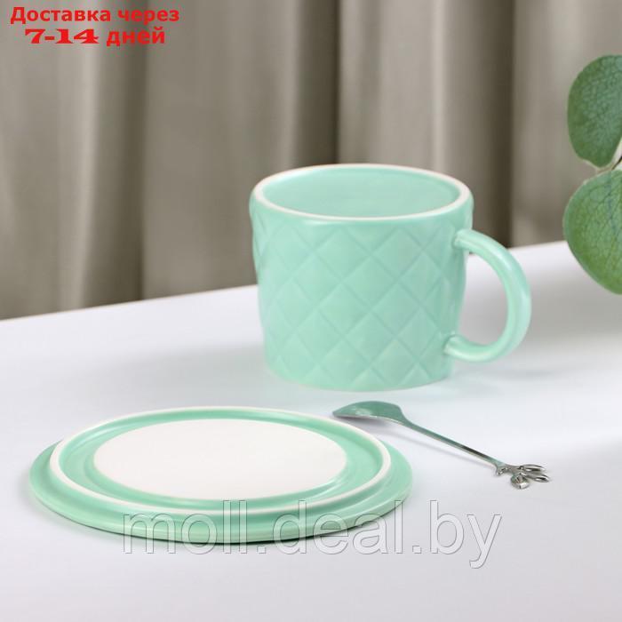 Чайная пара керамическая с ложкой "Бантик", 2 предмета: кружка 350 мл, блюдце d=15 см, цвет зелёный - фото 4 - id-p214897714