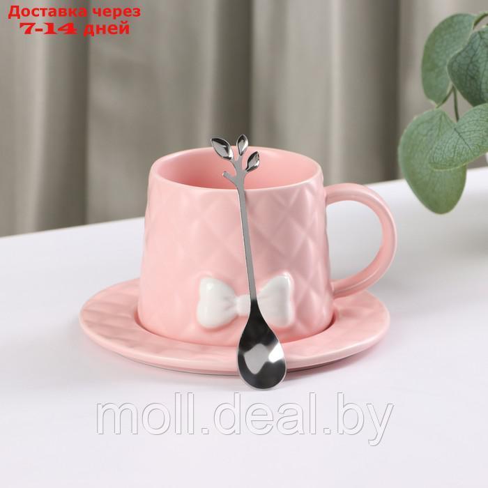 Чайная пара керамическая с ложкой "Бантик", 2 предмета: кружка 350 мл, блюдце d=15 см, цвет розовый - фото 2 - id-p214897725