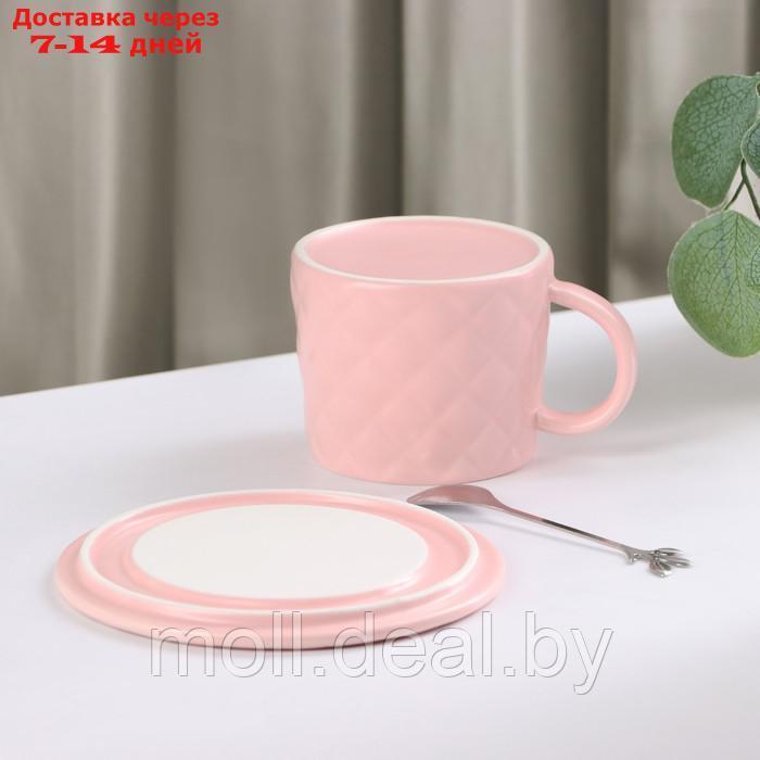 Чайная пара керамическая с ложкой "Бантик", 2 предмета: кружка 350 мл, блюдце d=15 см, цвет розовый - фото 4 - id-p214897725