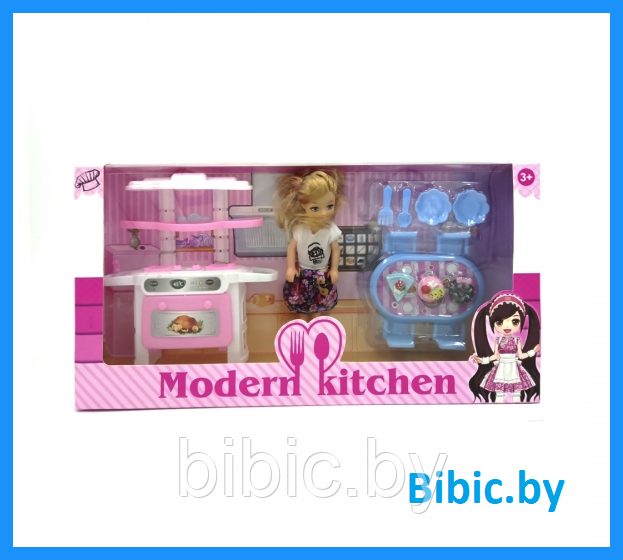 Детская кукла пупс с кухней Modern kitchen 211-D, интерактивный детский игровой набор кукол для девочек