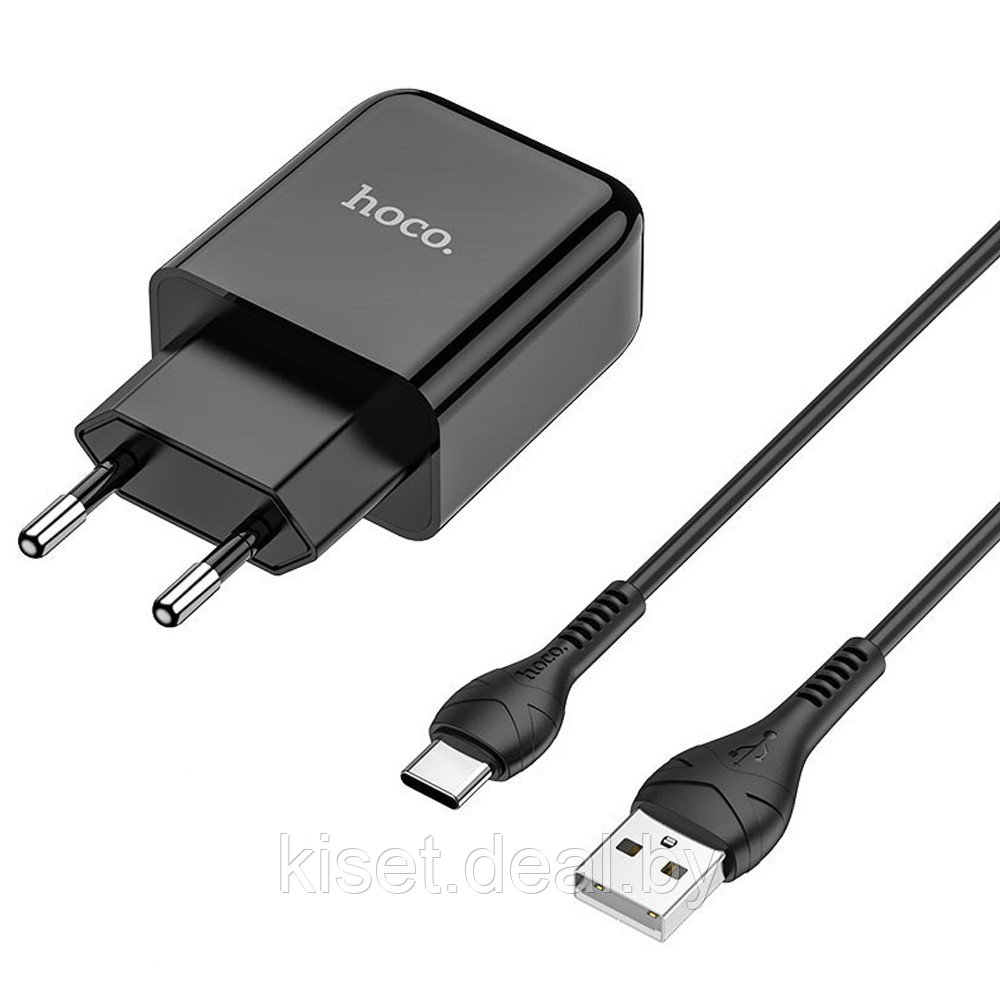 Сетевое зарядное устройство HOCO N2 2A черный + кабель Type-C - фото 1 - id-p214999189