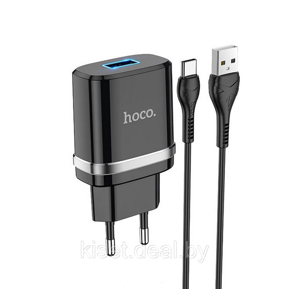 Сетевое зарядное устройство HOCO N1 2.4A черный + кабель Type-C - фото 1 - id-p214999005
