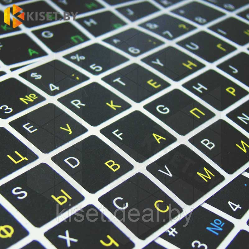 Виниловые наклейки черные на клавиатуру MacBook (желтые символы ENRU-V50101) - фото 2 - id-p214996379