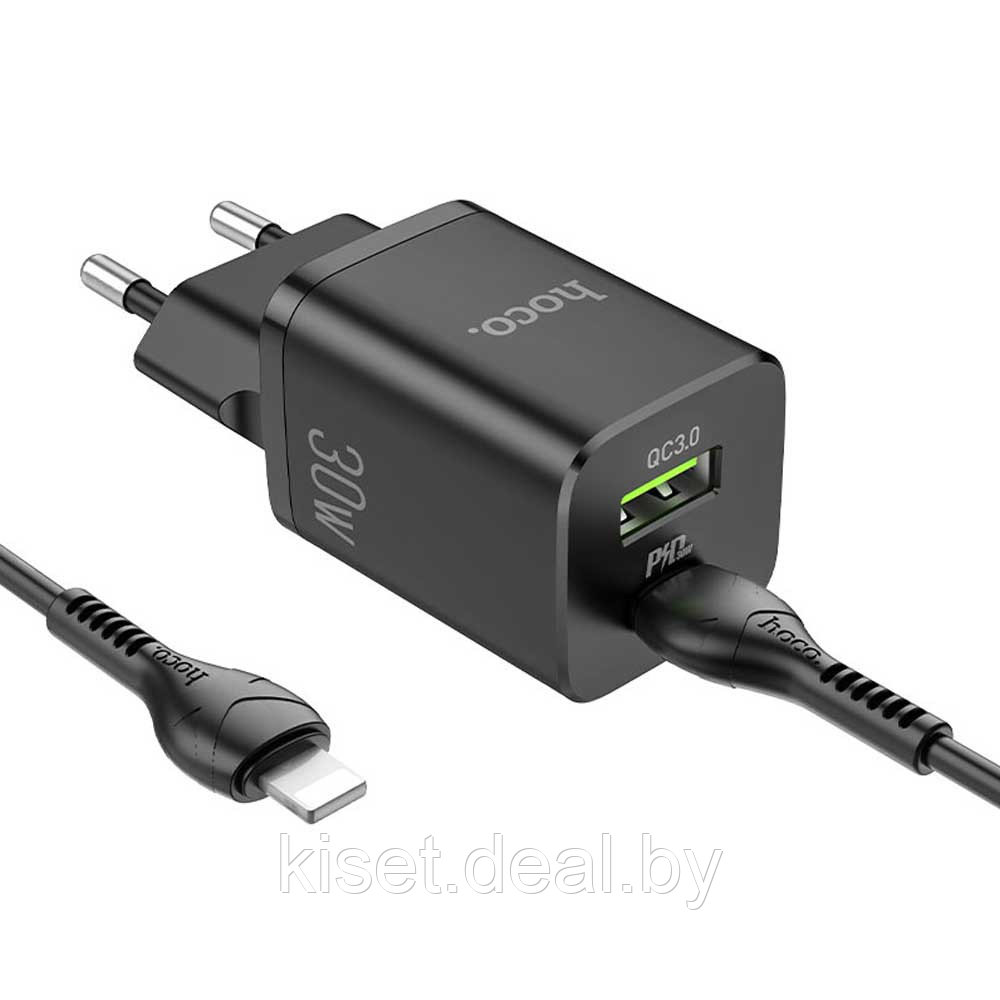 Сетевое зарядное устройство HOCO N13 30W PD PPS FCP AFC QC3.0 USB-A Type-C черный + кабель type-c - lightning - фото 1 - id-p214999813