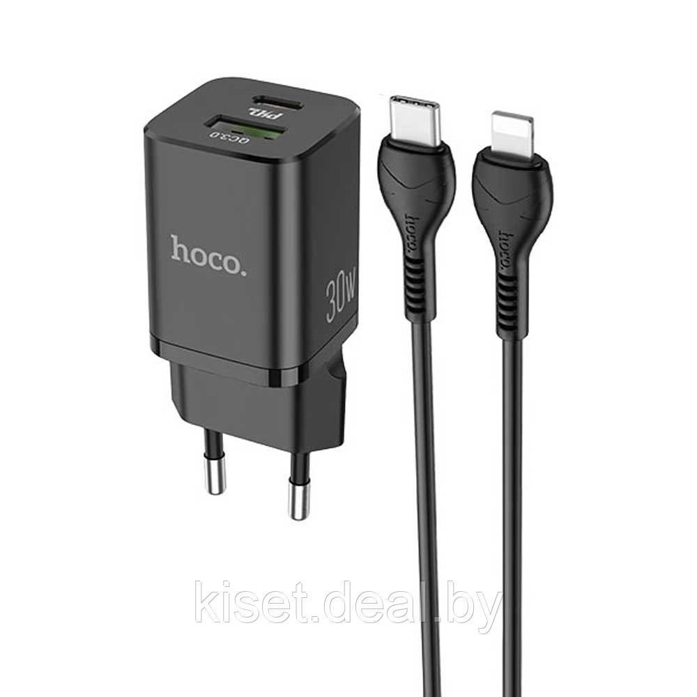 Сетевое зарядное устройство HOCO N13 30W PD PPS FCP AFC QC3.0 USB-A Type-C черный + кабель type-c - lightning - фото 2 - id-p214999813