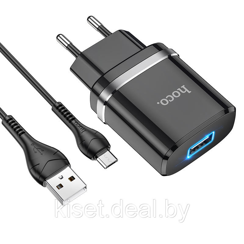 Сетевое зарядное устройство HOCO N1 2.4A черный + кабель microUSB - фото 1 - id-p215031201