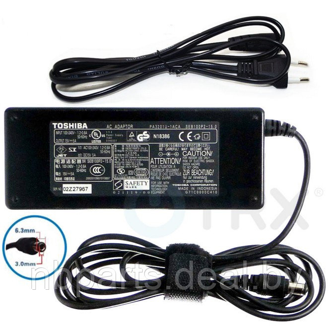 Блок питания (зарядное устройство) для ноутбука Toshiba 75W, 15V 5A, 6.3x3.0, PA3378U-1ACA, оригинал с сетевым - фото 1 - id-p181379544