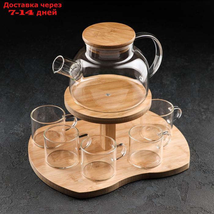Набор чайный на деревянной подставке "Эко", 6 предметов: чайник 1,1 л, 5 кружек 120 мл
