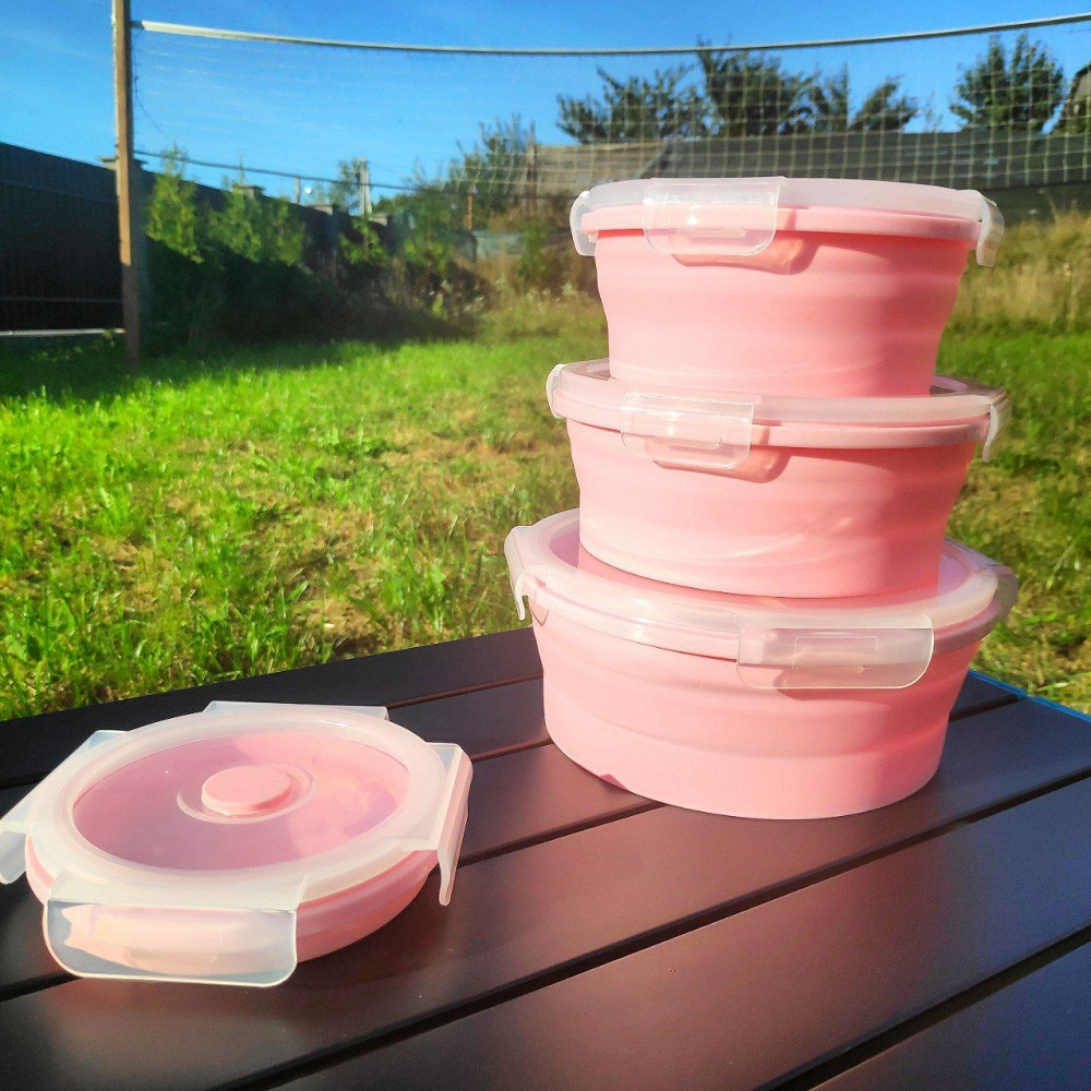 Набор круглых силиконовых контейнеров 4 шт. / Набор складных ланч-боксов (350мл, 500мл, 800мл,1200мл) Розовый - фото 5 - id-p215081393