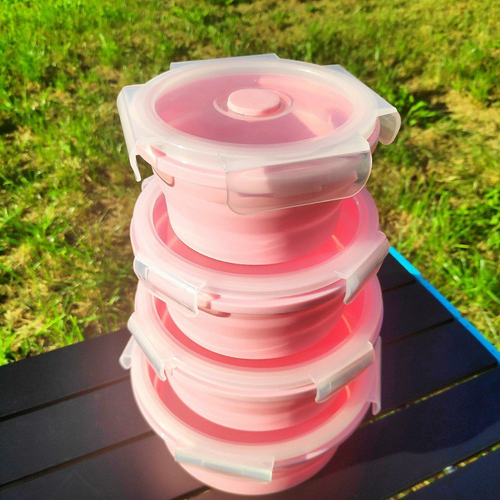 Набор круглых силиконовых контейнеров 4 шт. / Набор складных ланч-боксов (350мл, 500мл, 800мл,1200мл) Розовый - фото 10 - id-p215081393