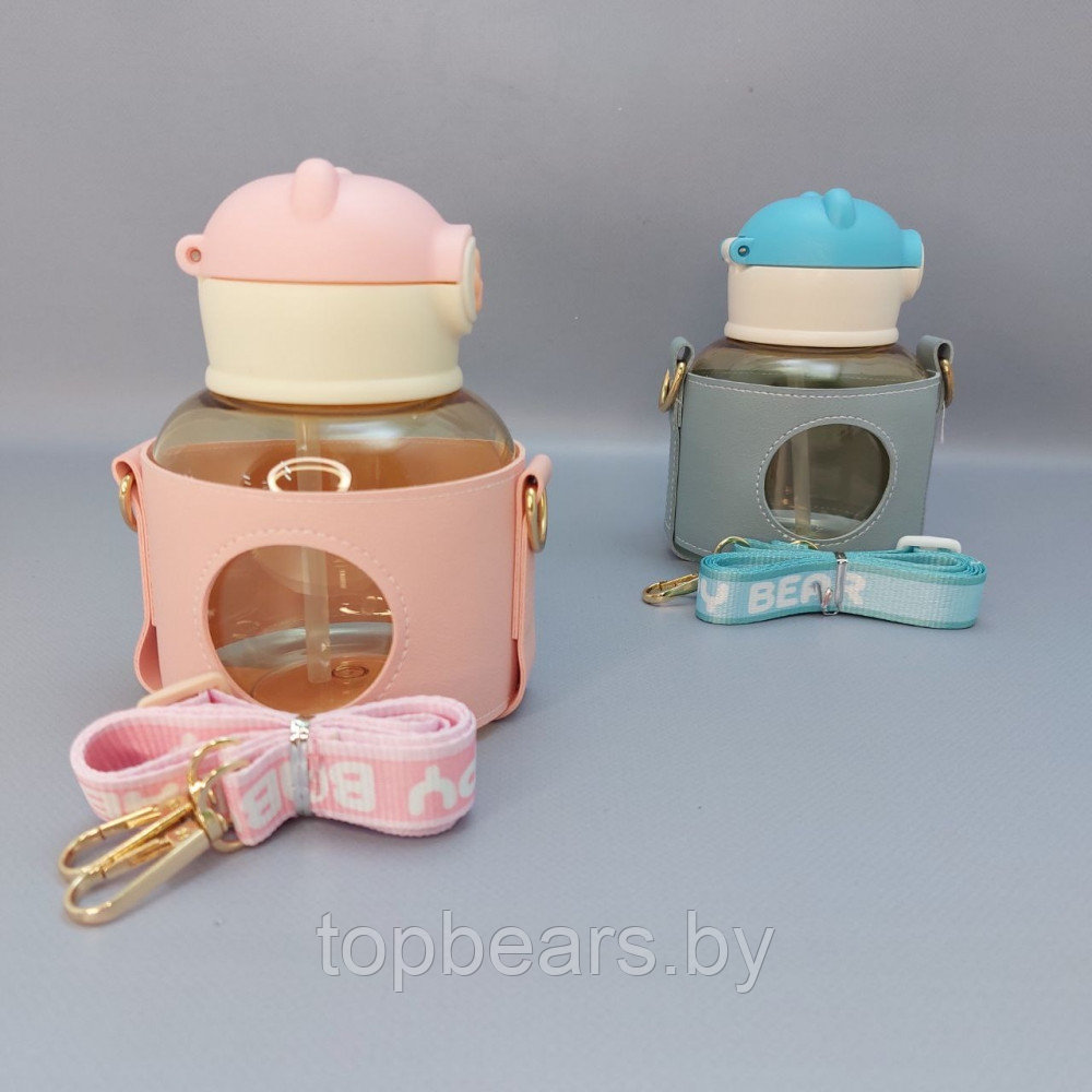 Бутылка Мишка в чехле с клапаном, трубочкой и ремешком 550 мл. / Наклейки в подарок Розовая - фото 3 - id-p215108388