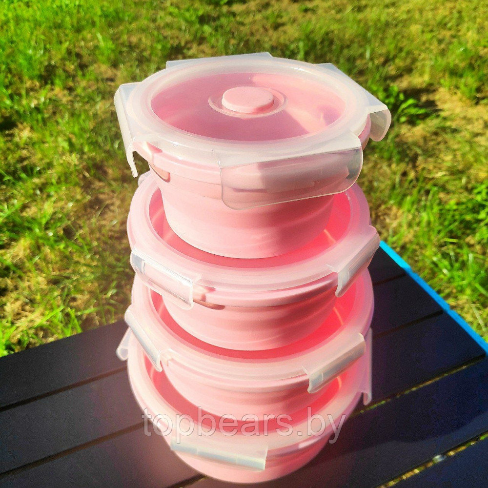 Набор круглых силиконовых контейнеров 4 шт. / Набор складных ланч-боксов (350мл, 500мл, 800мл,1200мл) Розовый - фото 10 - id-p215108391