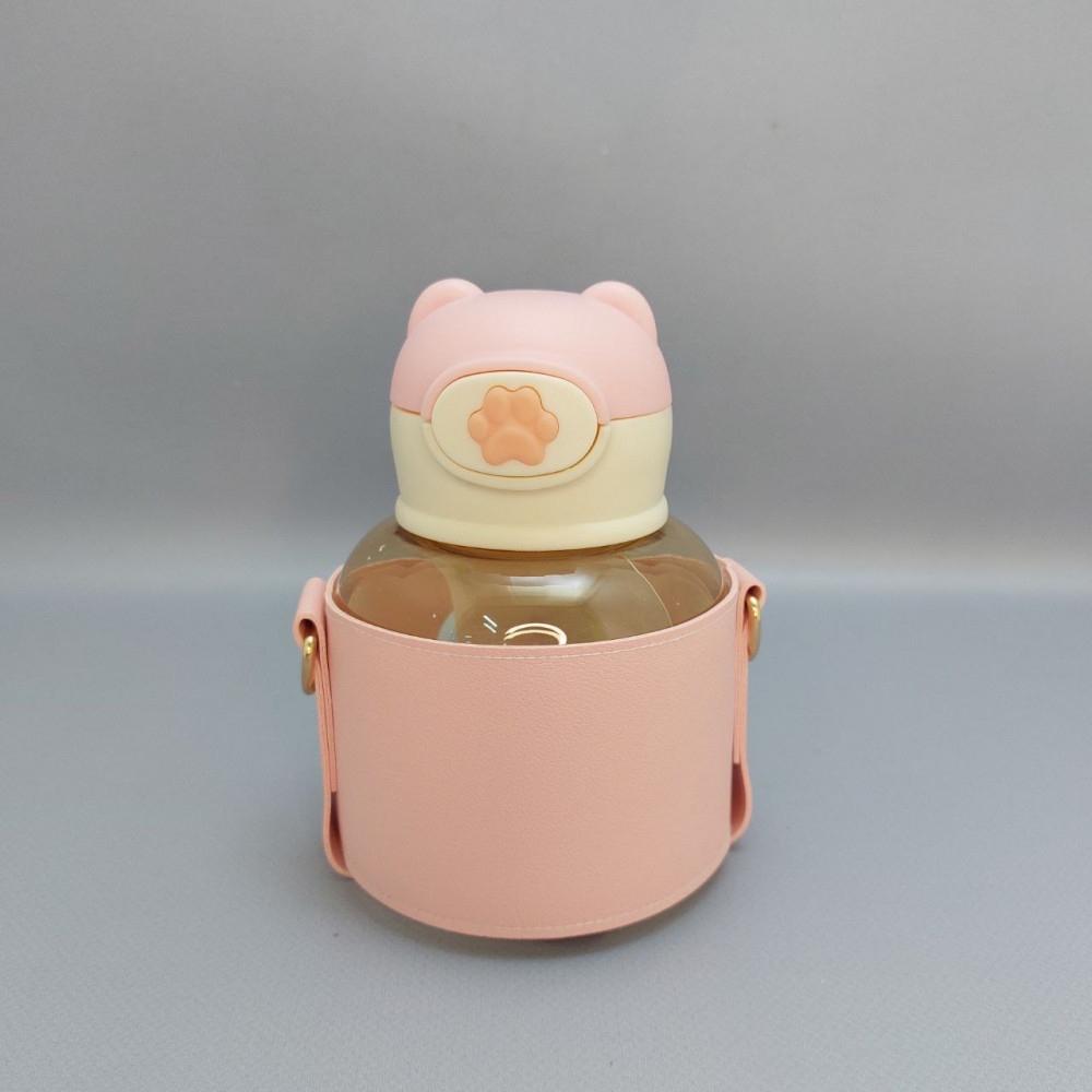 Бутылка Мишка в чехле с клапаном, трубочкой и ремешком 550 мл. / Наклейки в подарок Розовая - фото 2 - id-p215122425