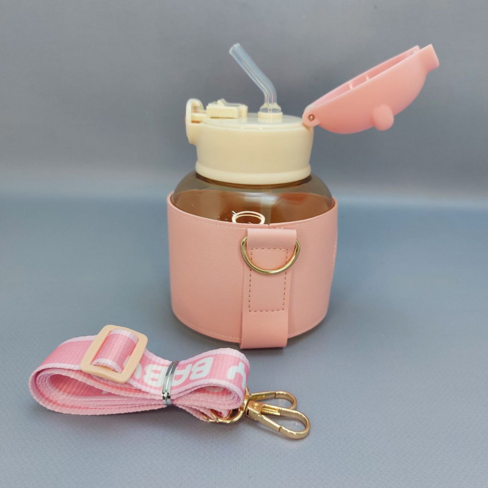 Бутылка Мишка в чехле с клапаном, трубочкой и ремешком 550 мл. / Наклейки в подарок Розовая - фото 6 - id-p215122425