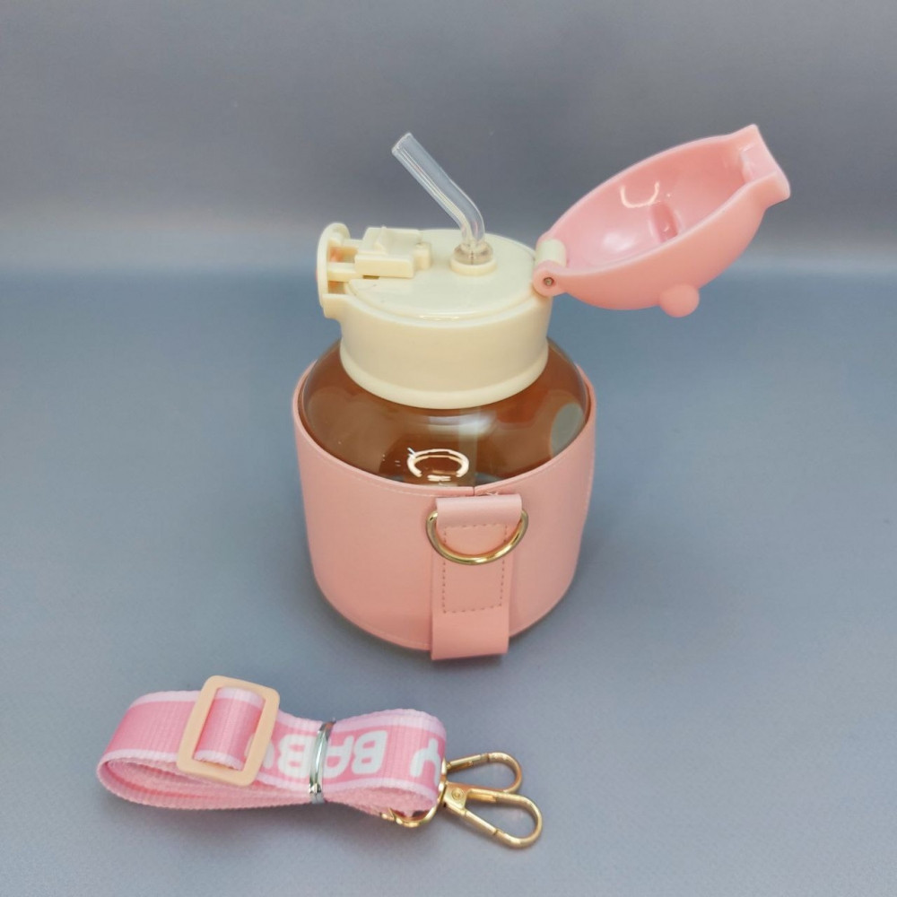 Бутылка Мишка в чехле с клапаном, трубочкой и ремешком 550 мл. / Наклейки в подарок Розовая - фото 7 - id-p215122425