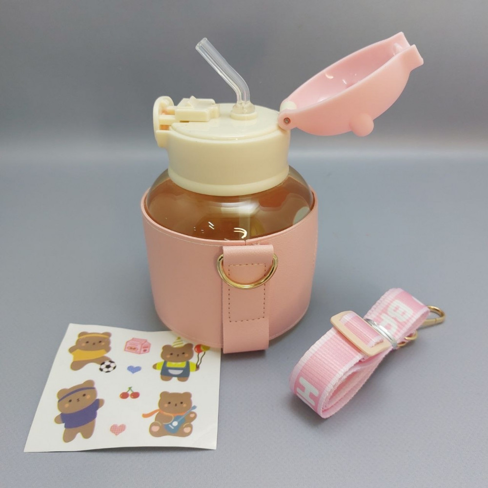 Бутылка Мишка в чехле с клапаном, трубочкой и ремешком 550 мл. / Наклейки в подарок Розовая - фото 8 - id-p215122425