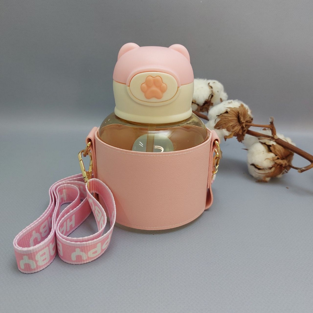 Бутылка Мишка в чехле с клапаном, трубочкой и ремешком 550 мл. / Наклейки в подарок Розовая - фото 10 - id-p215122425
