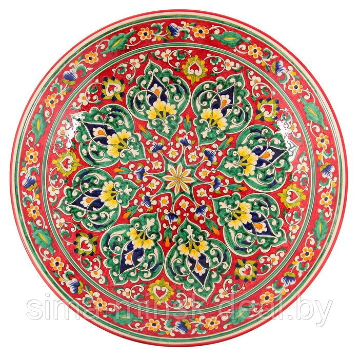Ляган круглый Риштанская Керамика, 41см, красный, орнамент зелёно-жёлтый - фото 2 - id-p215141482