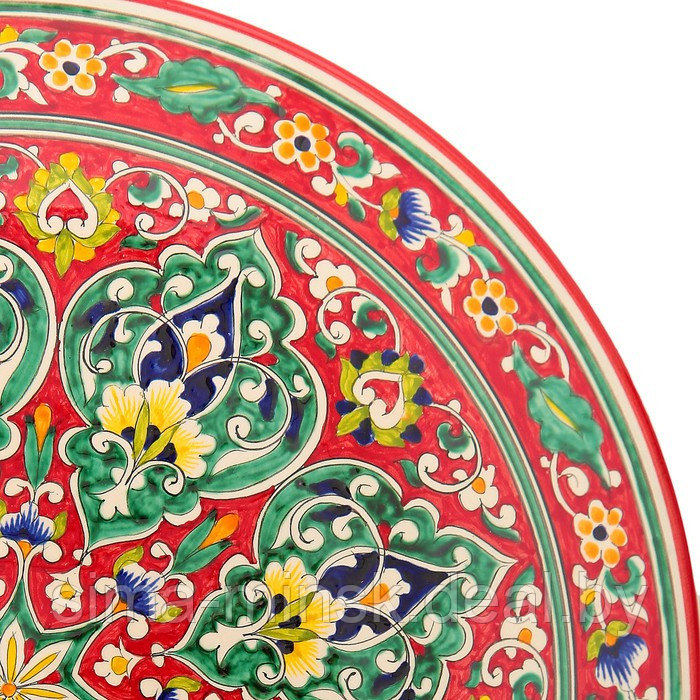 Ляган круглый Риштанская Керамика, 41см, красный, орнамент зелёно-жёлтый - фото 3 - id-p215141482