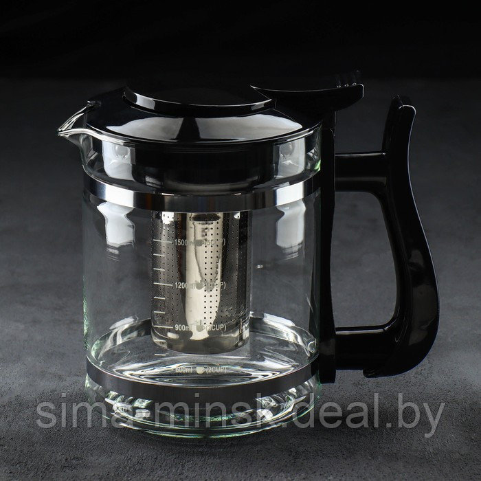 Чайник стеклянный заварочный «Кессель», 1,2 л, с металлическим ситом, цвет чёрный - фото 1 - id-p215142031