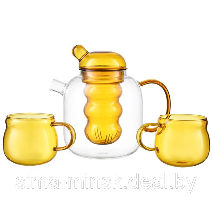 Чайник стеклянный с двумя чашками, цвет жёлтый, 1.2 л - фото 1 - id-p215142052