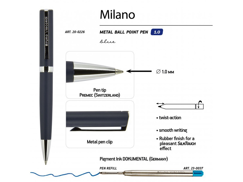 Ручка шариковая автоматическая BrunoVisconti 1 мм, синяя Milano (синий металлический корпус) - фото 3 - id-p215148599