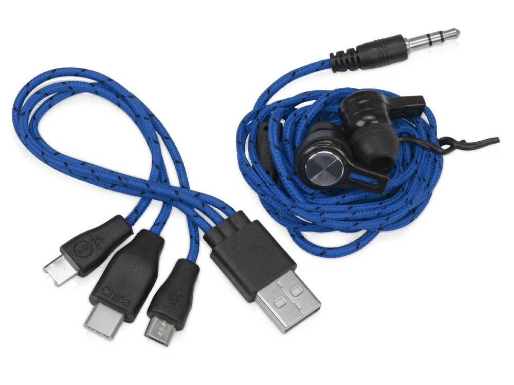 Набор с наушниками и зарядным кабелем 3-в-1 In motion, синий - фото 4 - id-p215147835