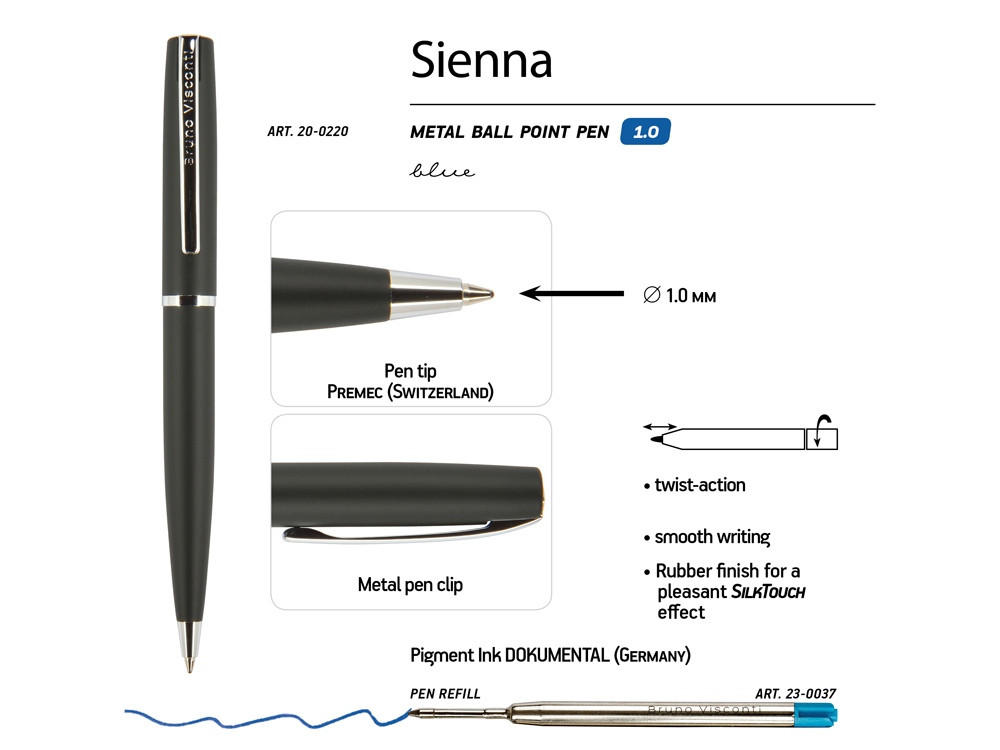 Ручка Sienna шариковая автоматическая, черный металлический корпус, 1.0 мм, синяя - фото 3 - id-p215146923