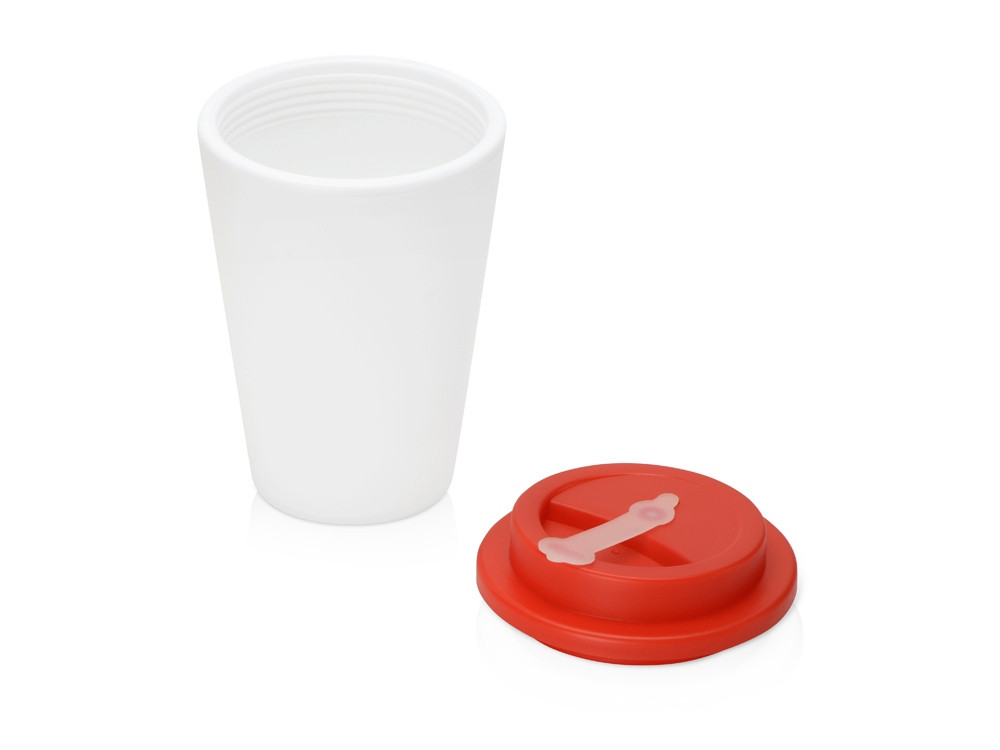 Пластиковый стакан Take away с двойными стенками и крышкой с силиконовым клапаном, 350 мл, белый/красный - фото 2 - id-p215148925