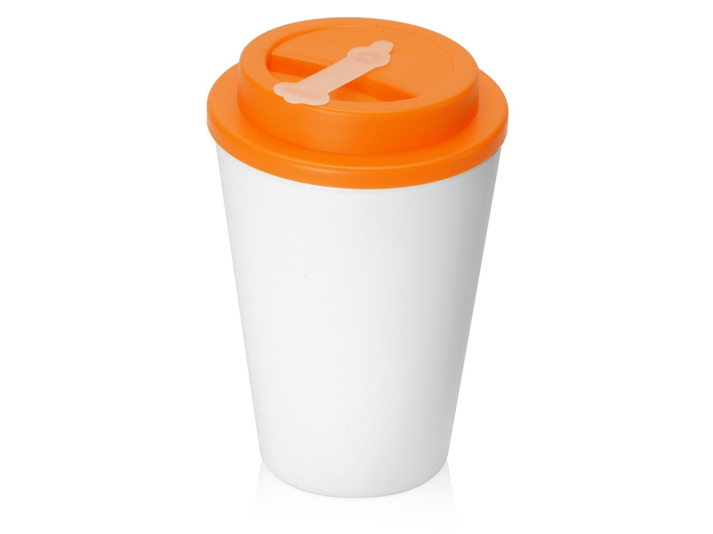 Пластиковый стакан Take away с двойными стенками и крышкой с силиконовым клапаном, 350 мл, белый/оранжевый - фото 1 - id-p215148926