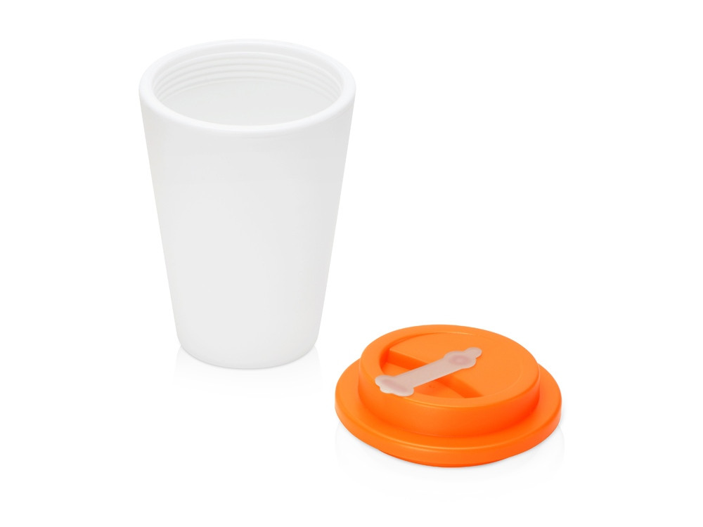Пластиковый стакан Take away с двойными стенками и крышкой с силиконовым клапаном, 350 мл, белый/оранжевый - фото 2 - id-p215148926