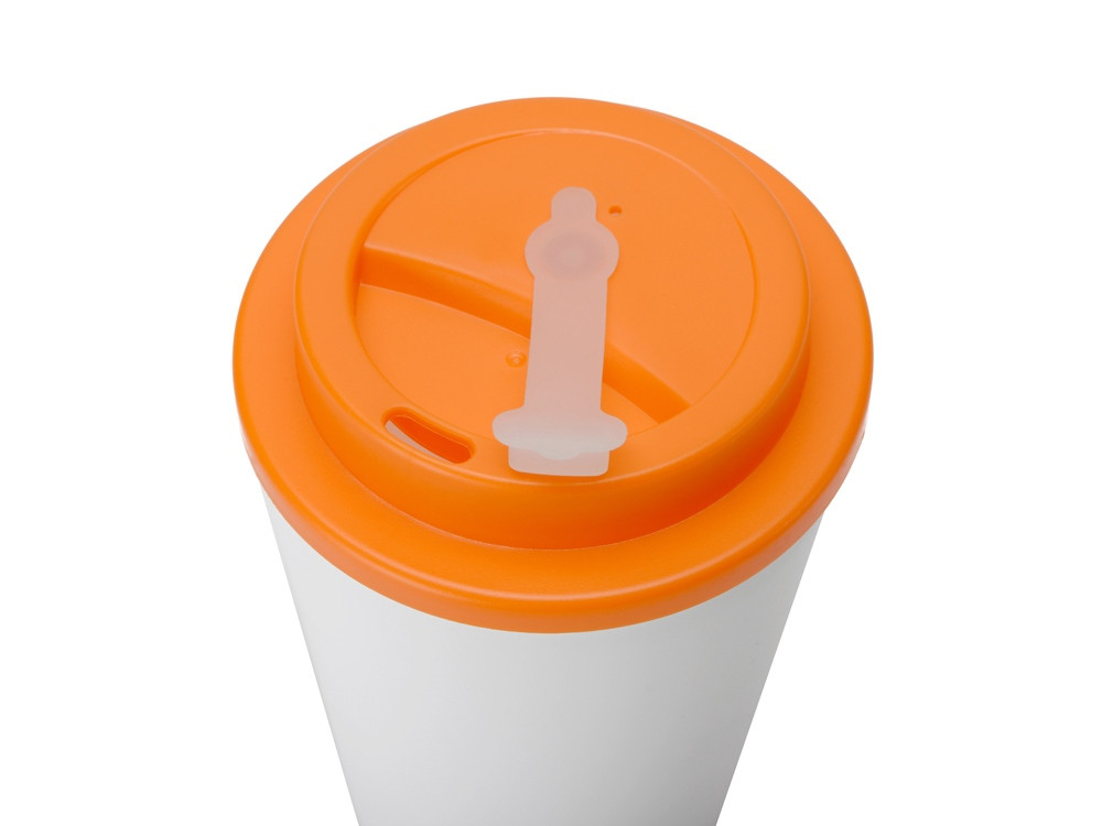 Пластиковый стакан Take away с двойными стенками и крышкой с силиконовым клапаном, 350 мл, белый/оранжевый - фото 3 - id-p215148926