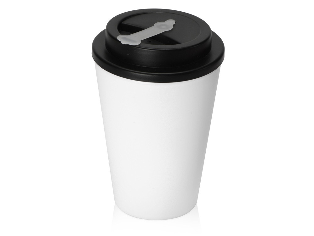 Пластиковый стакан Take away с двойными стенками и крышкой с силиконовым клапаном, 350 мл, белый/черный - фото 1 - id-p215148932