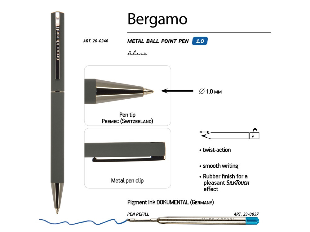 Ручка Bergamo шариковая автоматическая, серый металлический корпус, 1.0 мм, синяя - фото 3 - id-p215147992