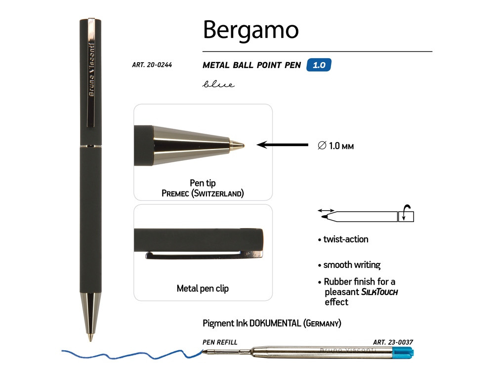 Ручка Bergamo шариковая автоматическая, черный металлический корпус, 1.0 мм, синяя - фото 3 - id-p215147994