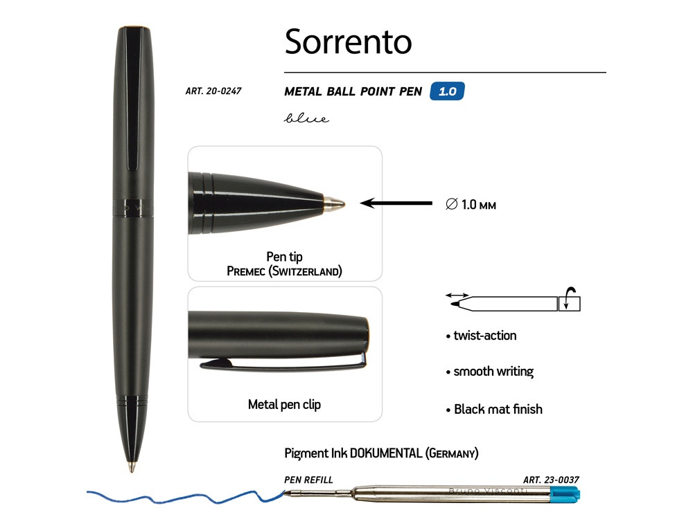 Ручка металлическая шариковая Sorento, 1,0мм, синие чернила, черный - фото 3 - id-p215148133
