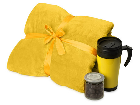 Подарочный набор с пледом, термокружкой и миндалем в шоколадной глазури Tasty hygge, желтый, фото 2